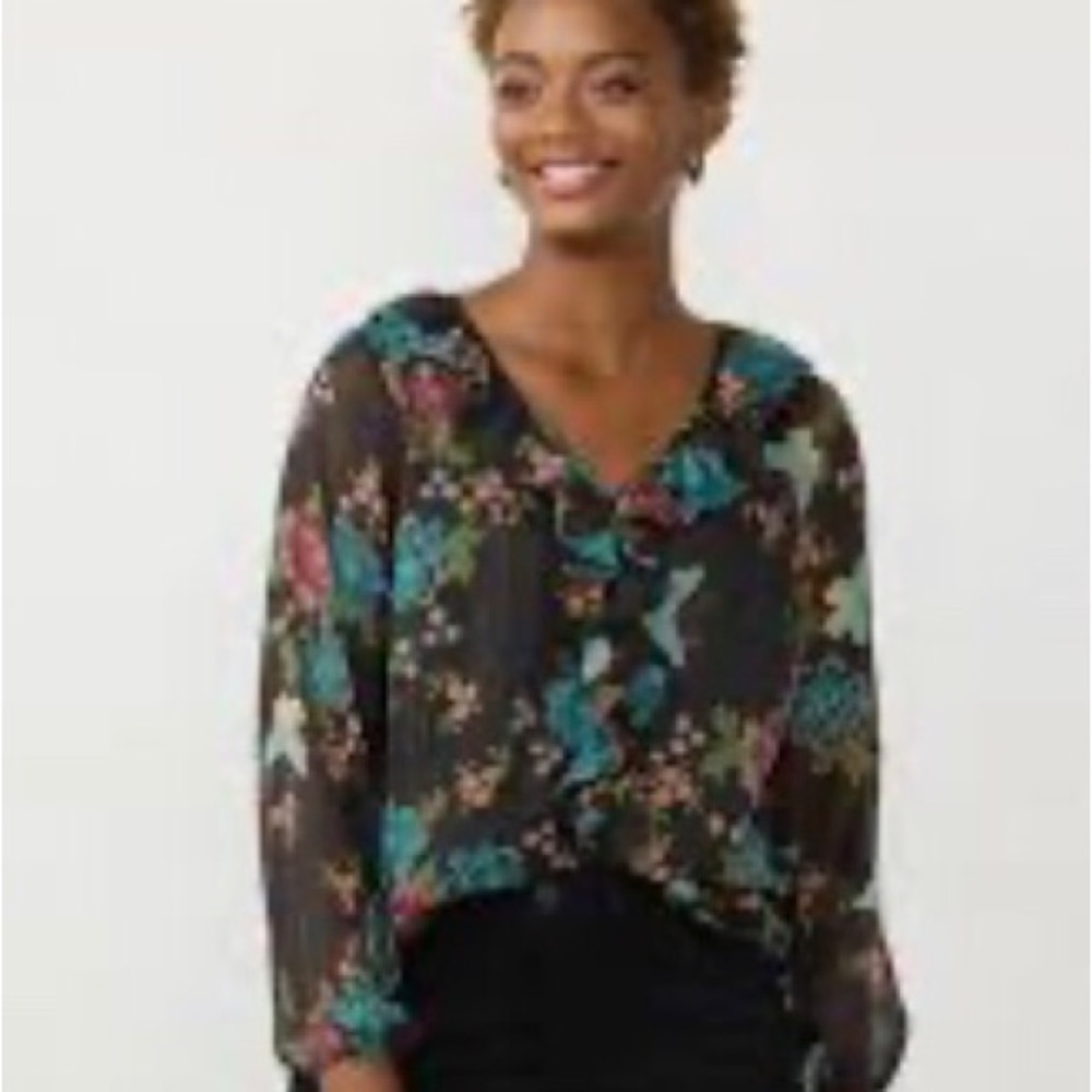 Lauren Conrad Women's Sheer Glitter Ruffle Top Floral Butterfly